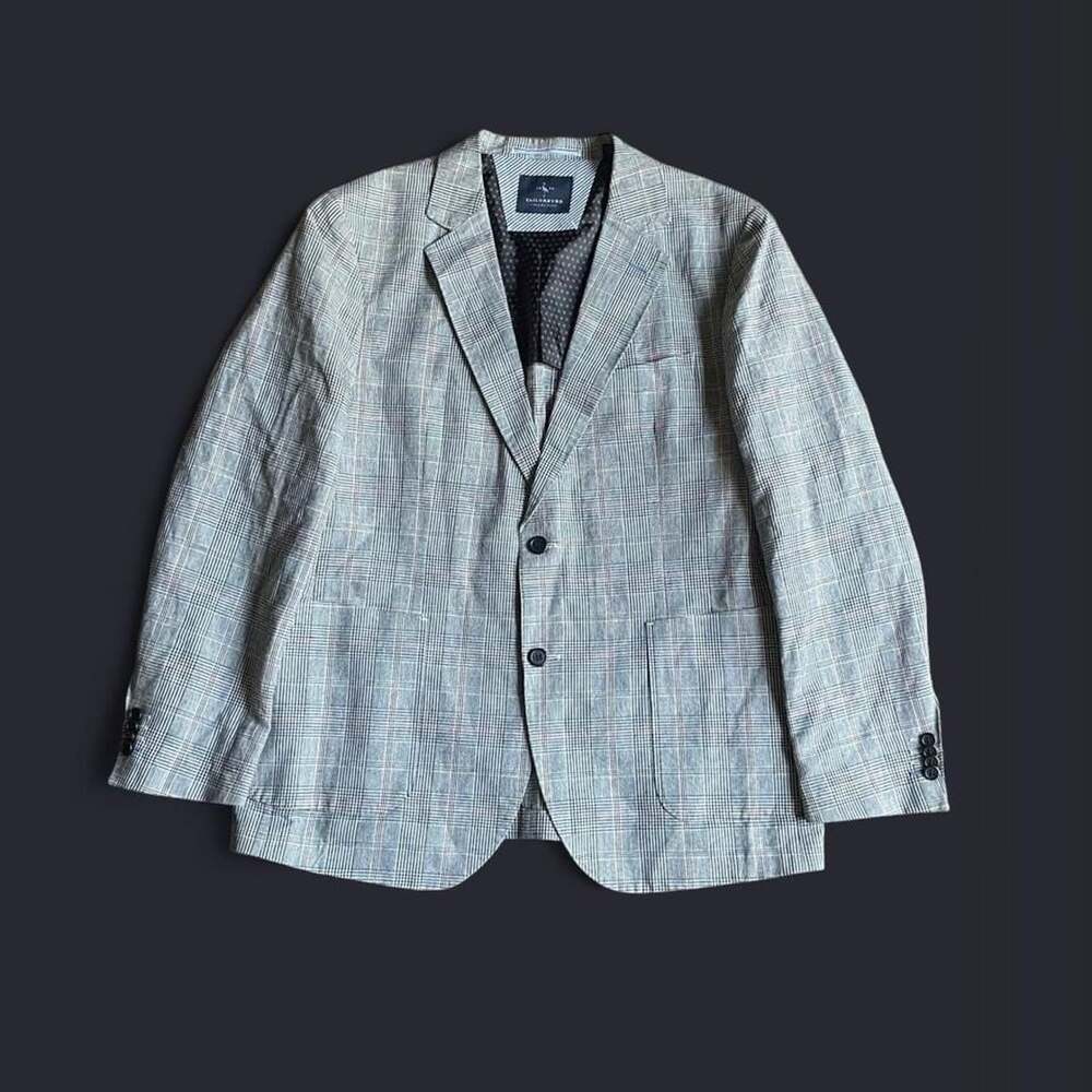 Tailor Byrd Blazer 42R Linen Blend Glen Plaid Grey Sport Coat